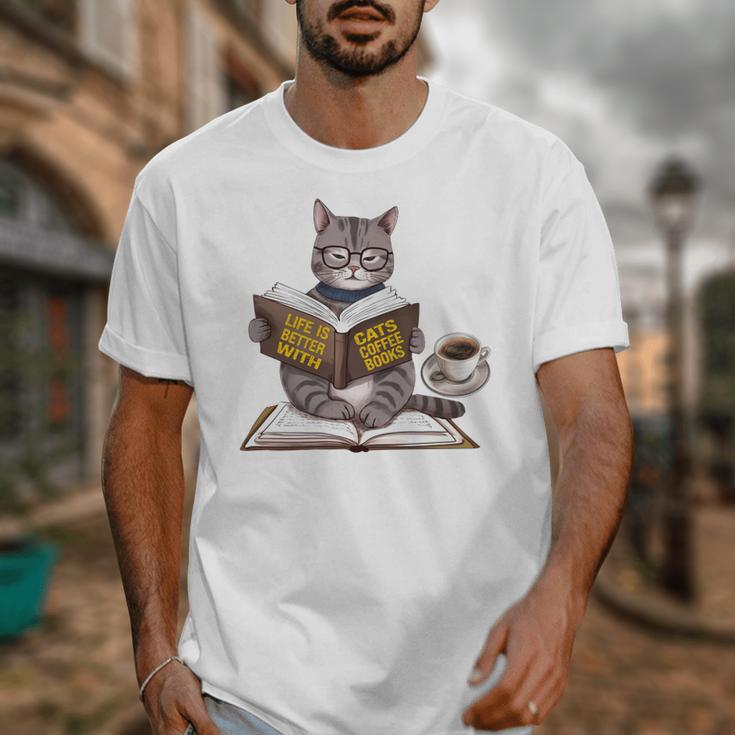 Life Is Better With Cats Coffee Books Cat Reading Book Unisex T-Shirt