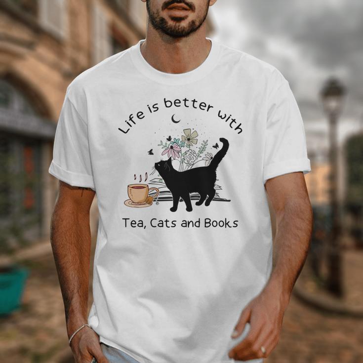 Life Is Better With Tea Cats And Books Cat Sayings Unisex T-Shirt