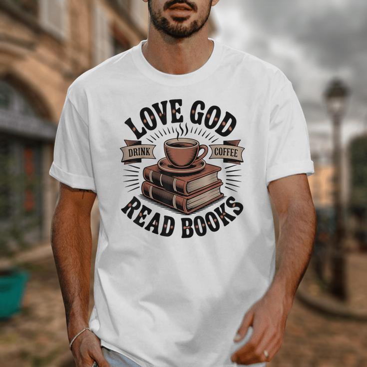 Love God Drink Coffee Read Books – Vintage Spiritual Reading Unisex T-Shirt
