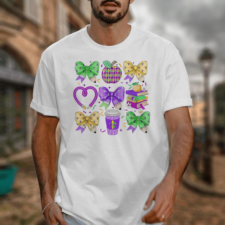 Mardi Gras Teacher Coquette Bow Pencil Apple Book Women Girl Unisex T-Shirt