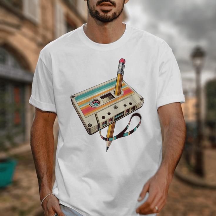 Retro Cassette Tape & Pencil Rewind Nostalgia Party 80s 90s Premium Unisex T-Shirt