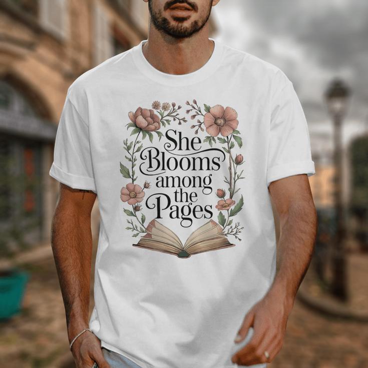 She Blooms Among The Pages Women Mom Wife Floral Book Lover Premium Tri-Blend Unisex T-Shirt