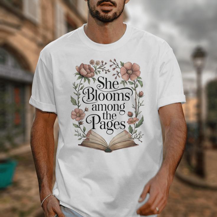 She Blooms Among The Pages Women Mom Wife Floral Book Lover Unisex T-Shirt