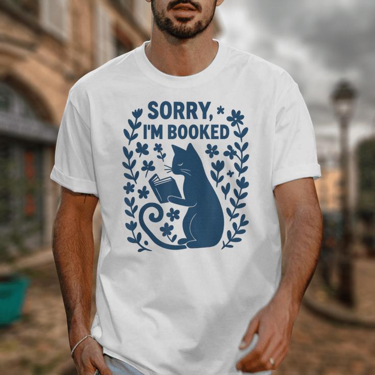 Sorry I'm Booked Cat Reading Book Boho Flowers Vintage Unisex T-Shirt