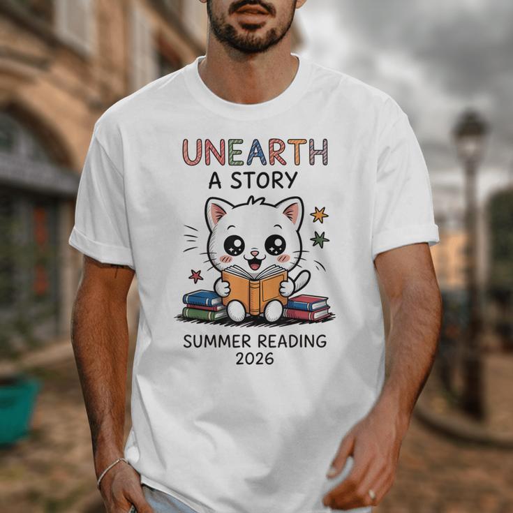 Unearth a Story Cute Kitten Summer Reading 2026 Cat Book Unisex T-Shirt