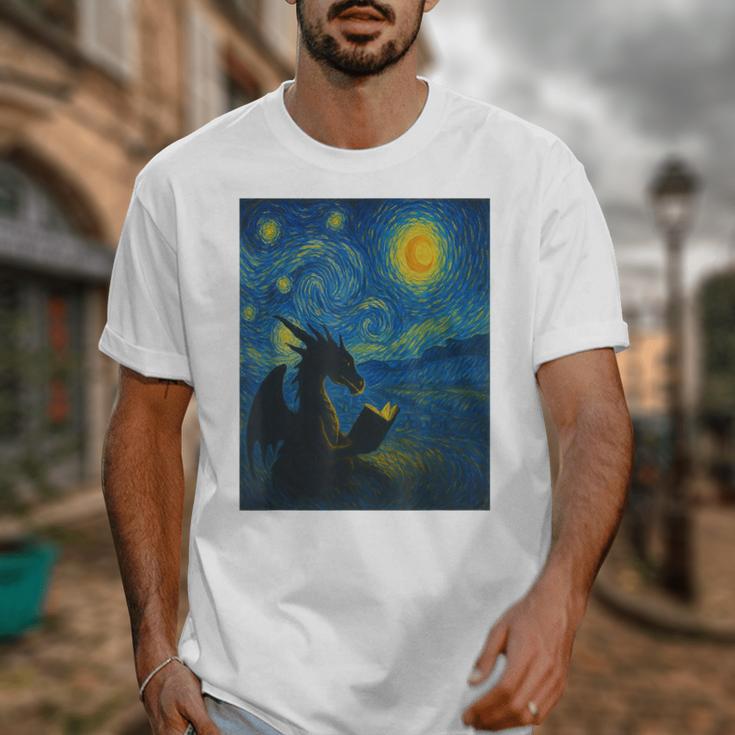 Van Gogh Starry Night Fantasy Reader Dragon Reading Book Unisex T-Shirt