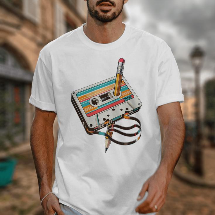 Vintage Cassette Tape And Pencil Nostalgia Party 70s 80s 90s Premium Unisex T-Shirt