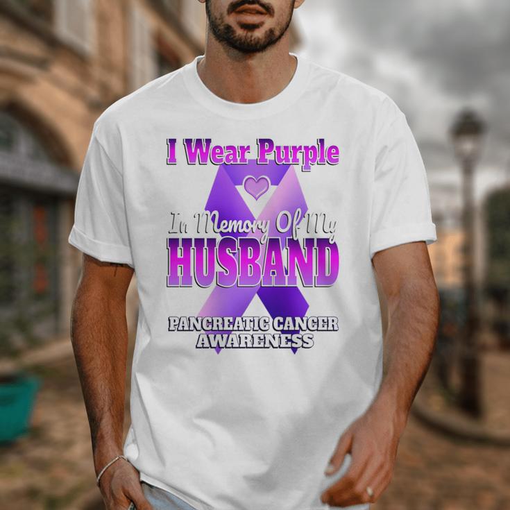 I Wear Purple In Memory Of My Husband Pancreatic Cancer Premium Tri-Blend Unisex T-Shirt