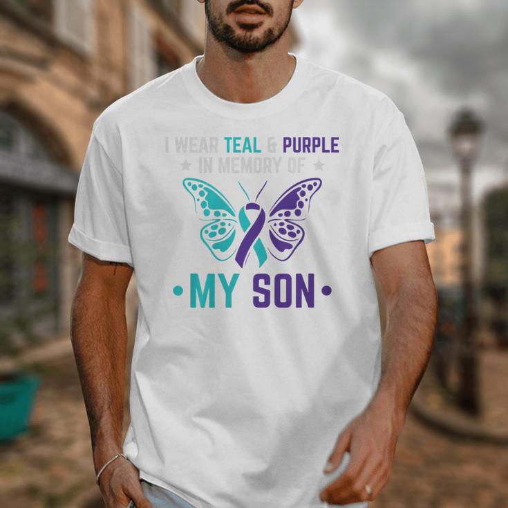 I Wear Teal Purple In Memory Of My Son Suicide Awareness Premium Tri-Blend Unisex T-Shirt
