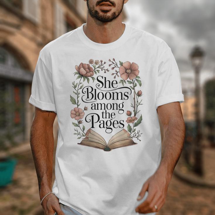 Women's She Blooms Among The Pages Women Mom Wife Floral Book Lover Unisex T-Shirt