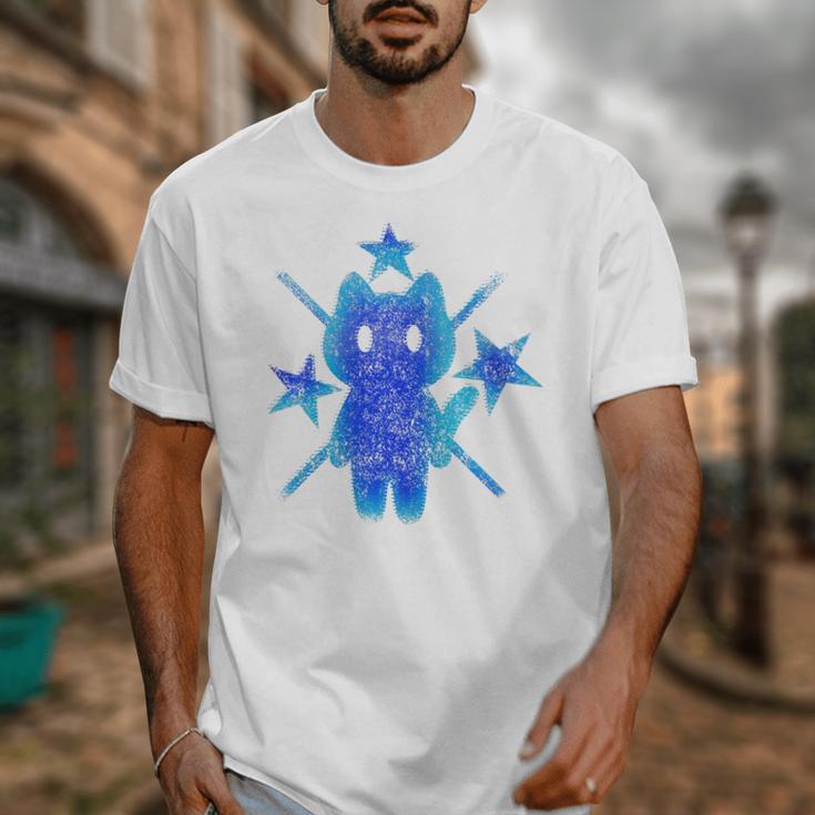 Yk2 Grunge Earthy Blue Cat With Stars Tomboy 90s Nostalgia Premium Tri-Blend Unisex T-Shirt