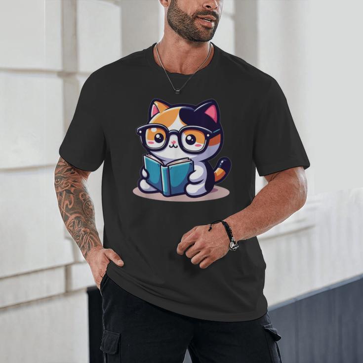 Adorable Book Lover Calico Cat With Reading Glasses Cute For Men Women Kids Unisex T-Shirt
