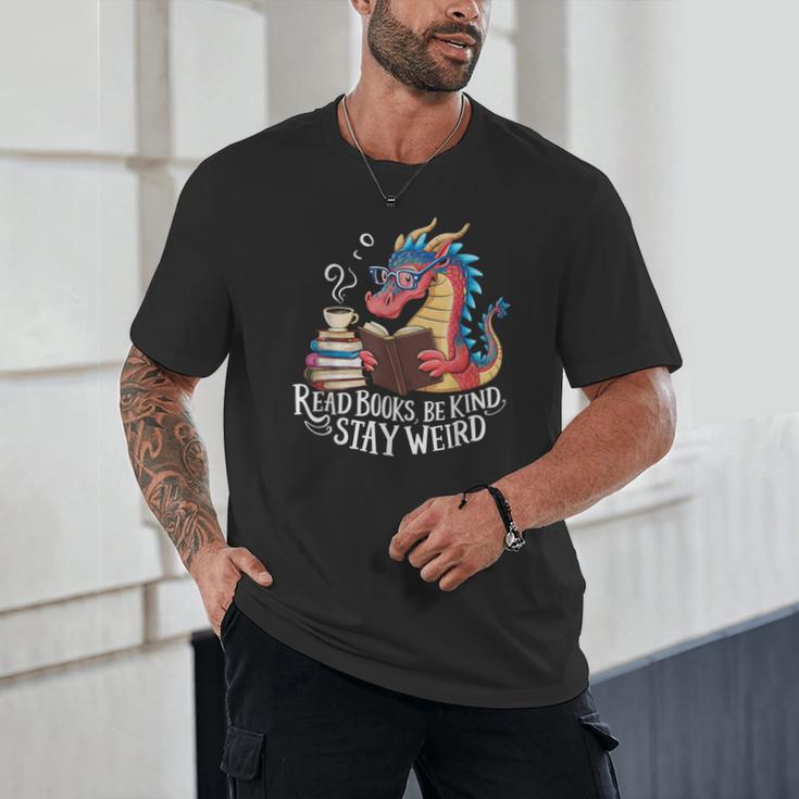 Adorable Book Lover Dragon Read Books Be Kind Stay Weird Unisex T-Shirt