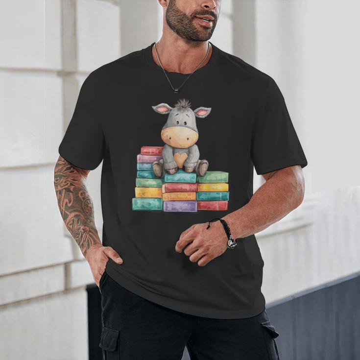 Adorable Donkey With Heart Sitting On Colorful Book Stack Unisex T-Shirt