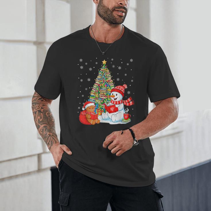 Book Christmas Tree Bookworm Gingerbread Man Snowman Reading Unisex T-Shirt