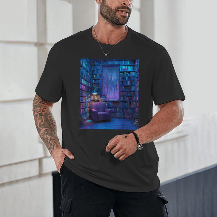 Book Library Bookshelf Armchair Window Pattern Print Unisex T-Shirt Book Library Bookshelf Armchair Window Pattern Print Unisex T-Shirt