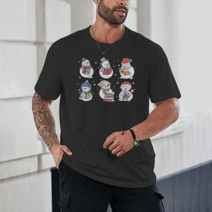 Book Lover Teacher Snowman Reading Books Christmas Winter Unisex T-Shirt