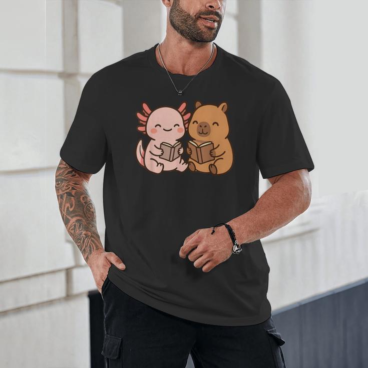 Capybara Axolotl Kawaii Kids Anime Book Lover Reading Unisex T-Shirt Capybara Axolotl Kawaii Kids Anime Book Lover Reading Unisex T-Shirt