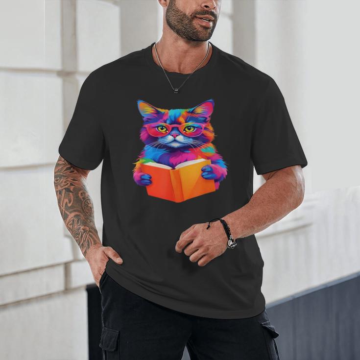Cat Book Shirt Colorful Cat Reading Book Unisex T-Shirt