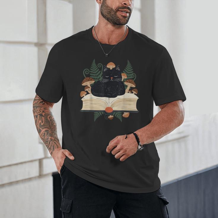 Cat On Open Book Mushrooms Ferns Dark Academia Unisex T-Shirt Cat On Open Book Mushrooms Ferns Dark Academia Unisex T-Shirt