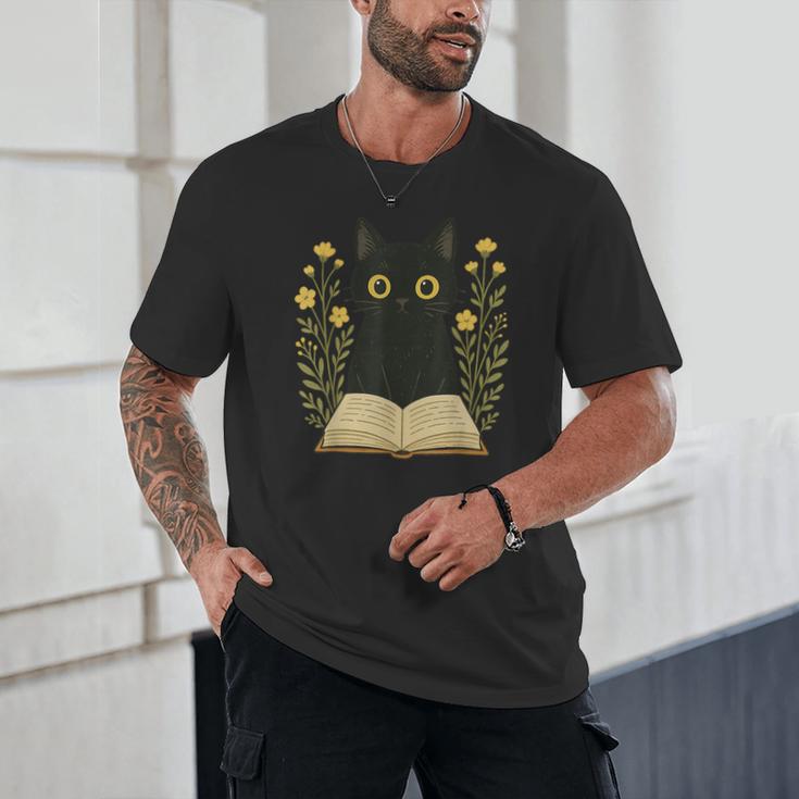 Cat Reading Book Flowers Unisex T-Shirt
