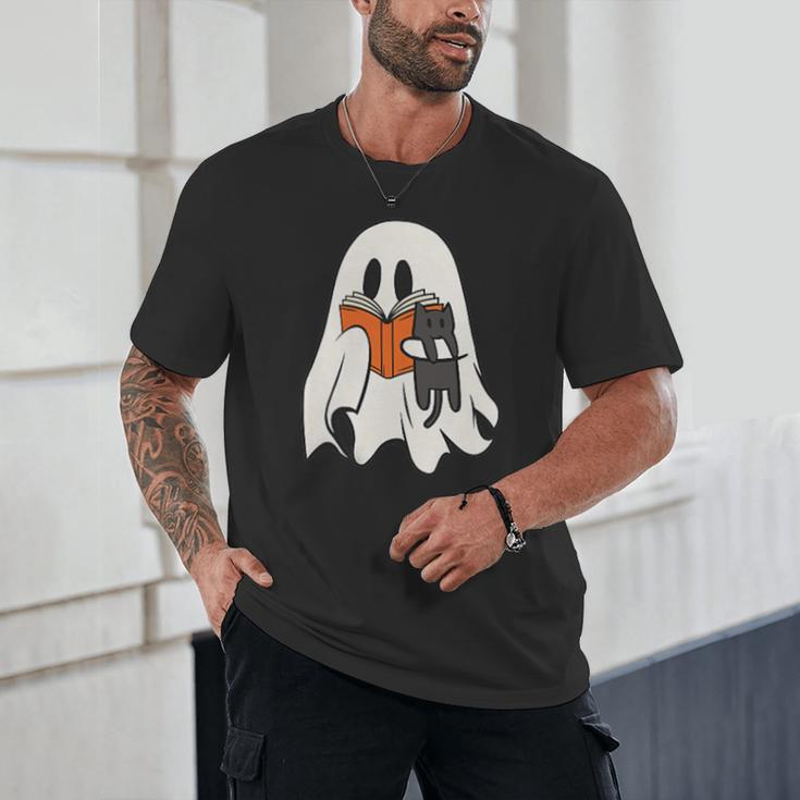 Cute Ghost Cat Reading Book Spooky Season Halloween Costume Unisex T-Shirt