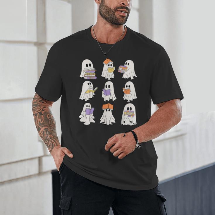 Cute Ghost Reading Books Teacher Halloween Reading Men Women Kids Unisex T-Shirt