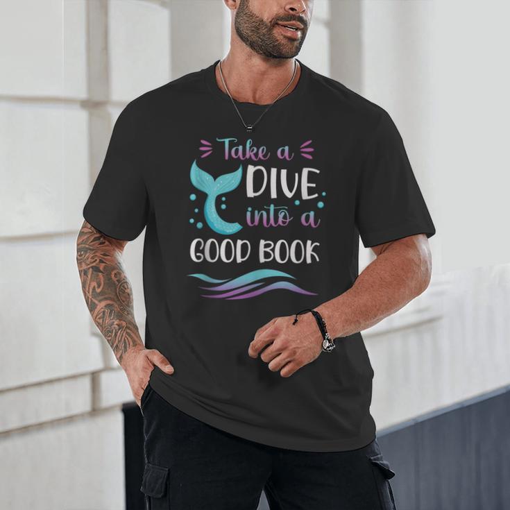 Cute Mermaid Librarian Teacher Dive Into A Good Book Reading Unisex T-Shirt