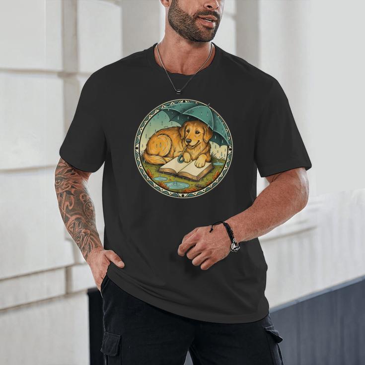 Dog Reading Book Rain Cozy Umbrella Cute Art Men Unisex T-Shirt Dog Reading Book Rain Cozy Umbrella Cute Art Men Unisex T-Shirt