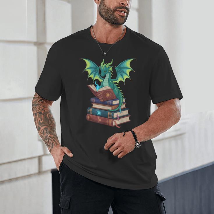 Dragon Reading Books Fantasy Lovers Mythical Creatures Unisex T-Shirt