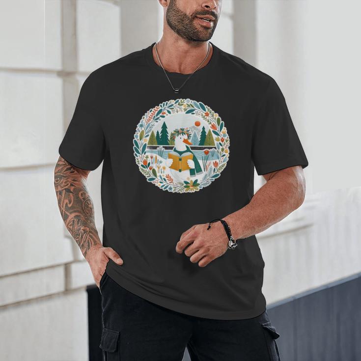 Duck Wilderness Book Reading Illustration Floral Unisex T-Shirt