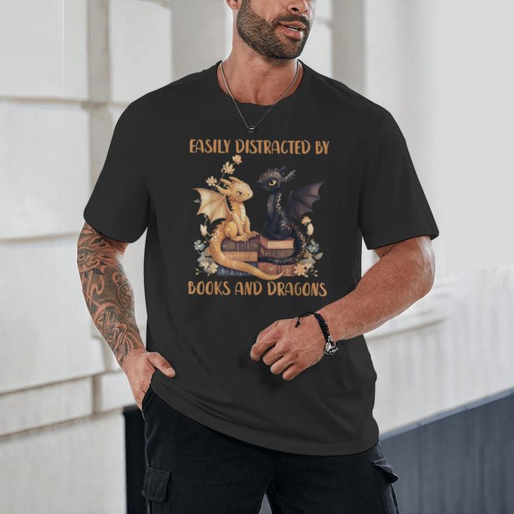 Easily Distracted By Books & Dragons Librarian Book Lover Unisex T-Shirt