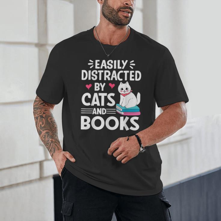 Easily Distracted By Cats And Books Cute Cat And Book Lovers Unisex T-Shirt
