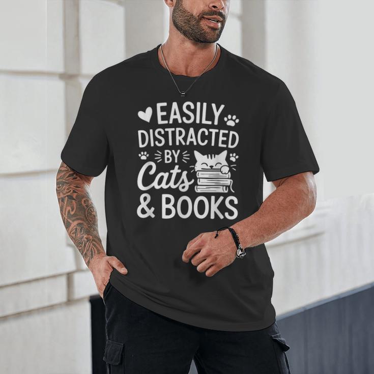 Easily Distracted By Cats And Books Reading Apparel Unisex T-Shirt