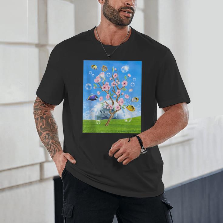 Frutiger Aero Aesthetic Tech Cherry Blossom Fishes Bubbles Unisex T-Shirt Frutiger Aero Aesthetic Tech Cherry Blossom Fishes Bubbles Unisex T-Shirt