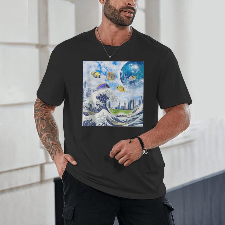 Frutiger Aero Aesthetic Tech Great Wave Of Kanagawa Fishes Unisex T-Shirt Frutiger Aero Aesthetic Tech Great Wave Of Kanagawa Fishes Unisex T-Shirt
