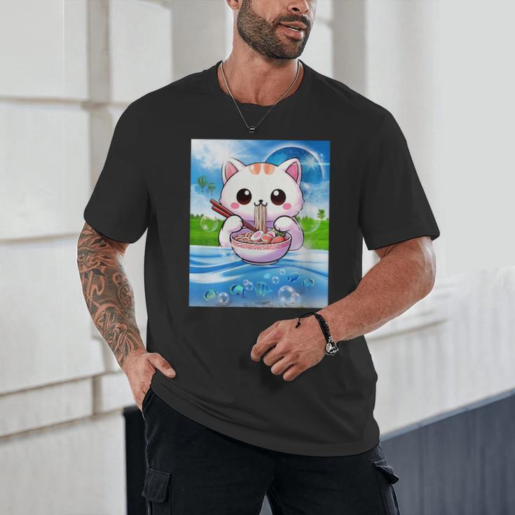 Frutiger Aero Aesthetic Tech Kawaii Ramen Cat Fishes Unisex T-Shirt