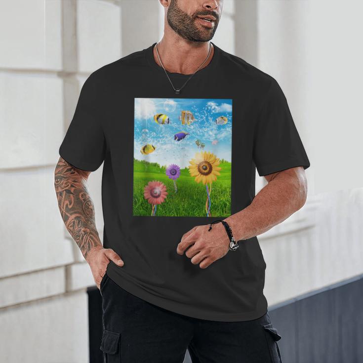 Frutiger Aero Aesthetic Tech Scenery Fishes Sunflower Unisex T-Shirt
