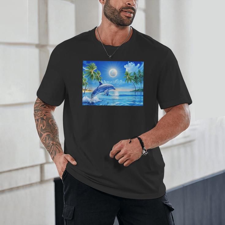 Frutiger Aero Dolphin Sunset Ocean With Palm Trees Y2k Unisex T-Shirt Frutiger Aero Dolphin Sunset Ocean With Palm Trees Y2k Unisex T-Shirt