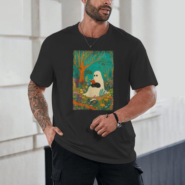 Groovy Ghost Reading Book Cat Halloween Ghost Teacher Unisex T-Shirt