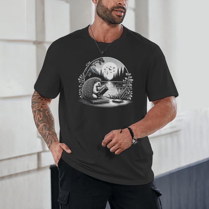 Hedgehog Reading Book Full Moon Lake Scenery Unisex T-Shirt