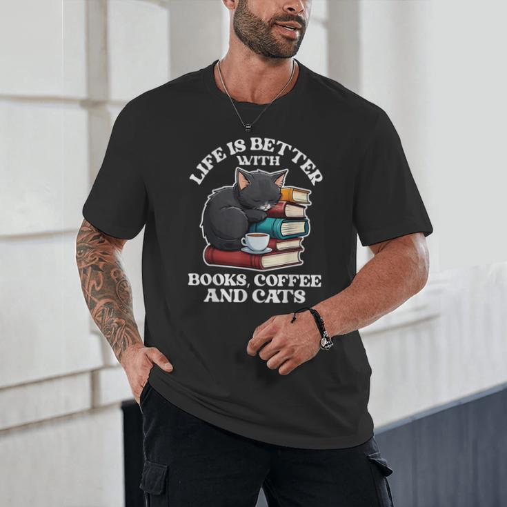 Life Is Better With Books Cats & Coffee Librarian Book Lover Unisex T-Shirt
