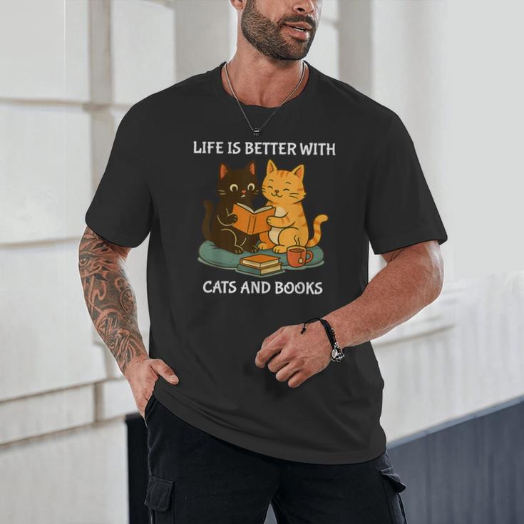 Life Is Better With Cats And Books Cute Cat Lover Unisex T-Shirt