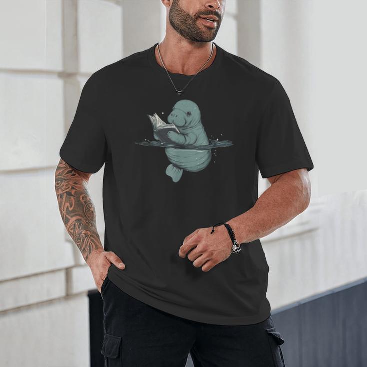 Manatee Reading Book Bookworm Manatees Ocean Animal Lover Unisex T-Shirt