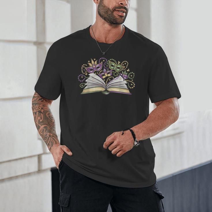 Mardi Gras Book Librarian Author Purple Beads Unisex T-Shirt