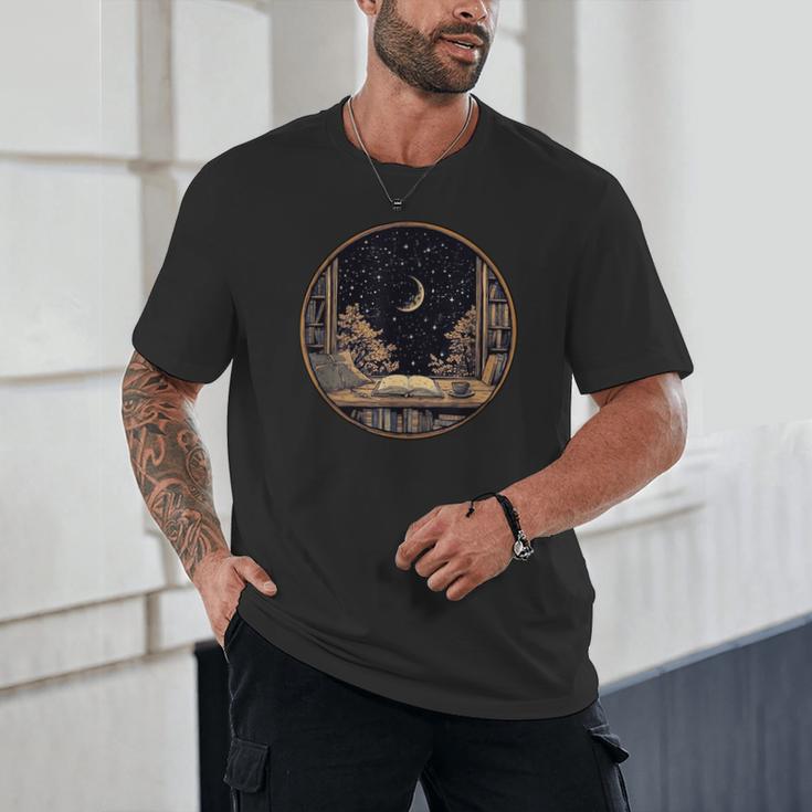 Moon Book Bookshelf Library Coffee Cup Star Stars Pattern Unisex T-Shirt Moon Book Bookshelf Library Coffee Cup Star Stars Pattern Unisex T-Shirt