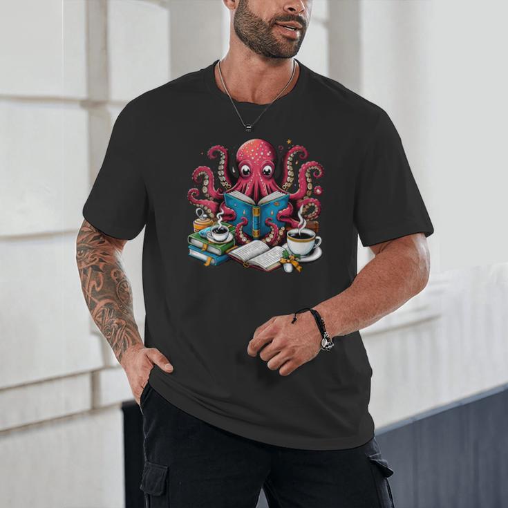 Octopus Reading Book Coffee Lover Bookaholic Bookworm Reader Unisex T-Shirt