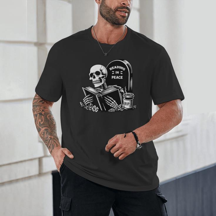 READING IN PEACE RIP Introvert Skeleton Read Book Meme Unisex T-Shirt READING IN PEACE RIP Introvert Skeleton Read Book Meme Unisex T-Shirt