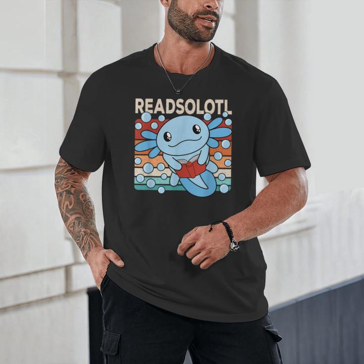 Readsolotl Blue Kawaii Axolotl Book Lover Reading Retro Unisex T-Shirt