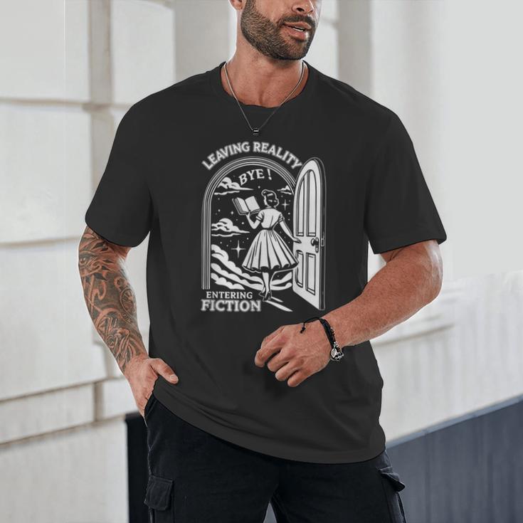 Retro Trendy Bookish Book Lover Reading Quotes Leaving Reality Entering Fiction -Adults Small Short Sleeve T-Shirt Unisex T-Shirt